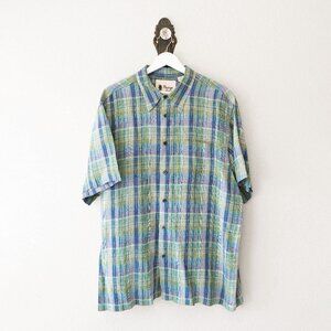 Vintage Linen Mens XL Plaid Short Sleeve Button Up Shirt 100% Linen Blue Green